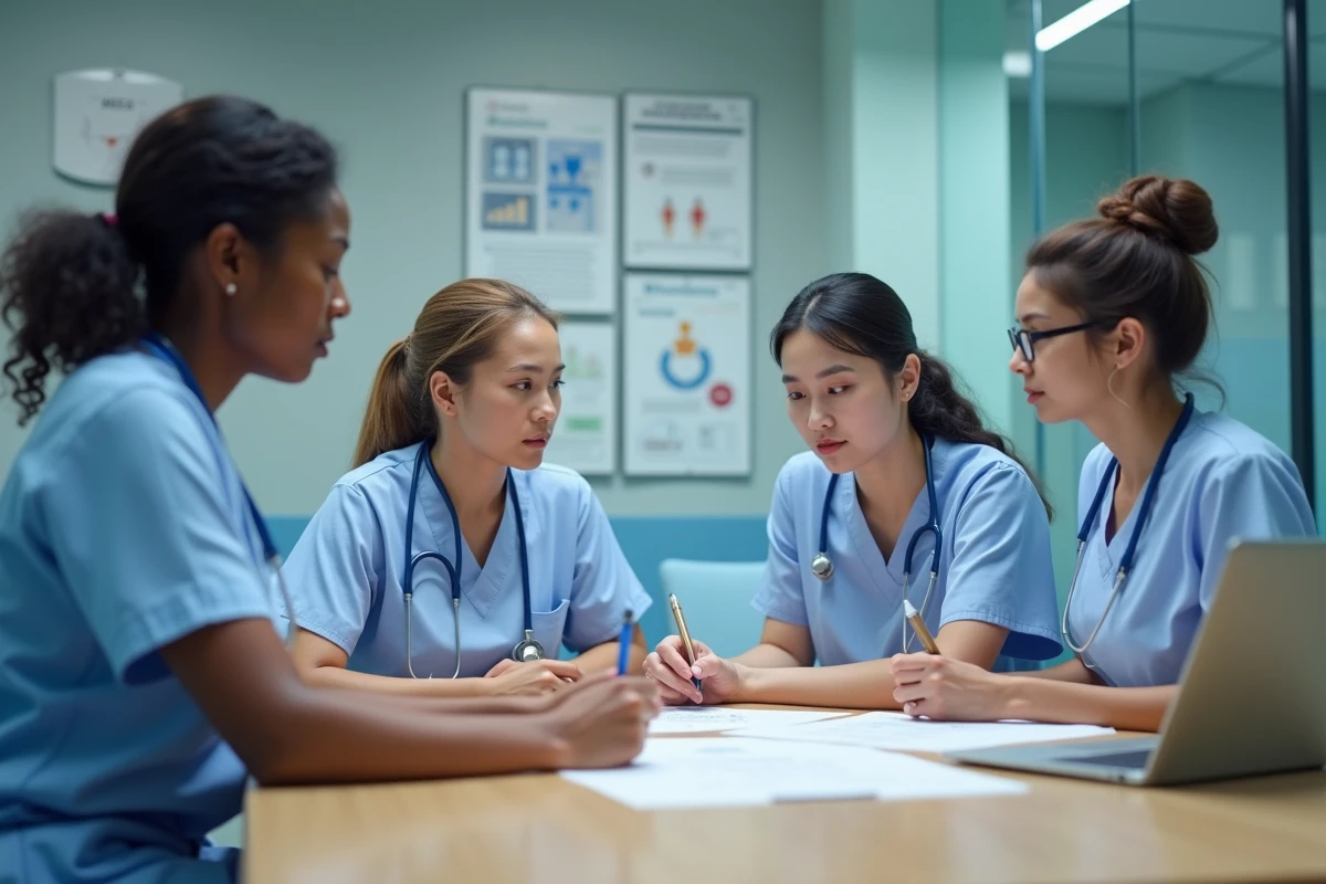 Groupe d infirmiers et responsable en réunion dans une salle hospitalière