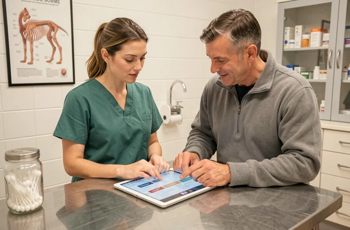 Deux professionnels vétérinaires comparant des solutions logicielles sur une tablette en salle de consultation