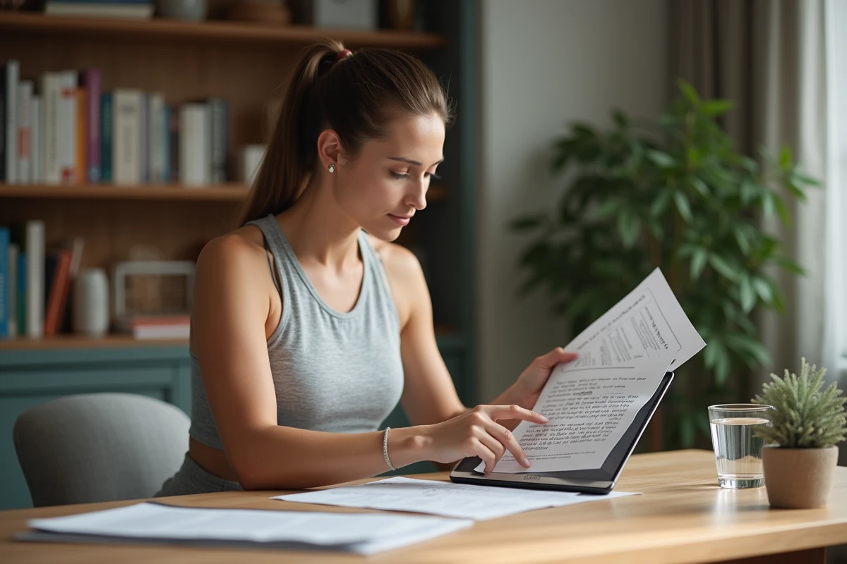Femme étudiant les ingrédients minceur d'un complément alimentaire à son bureau