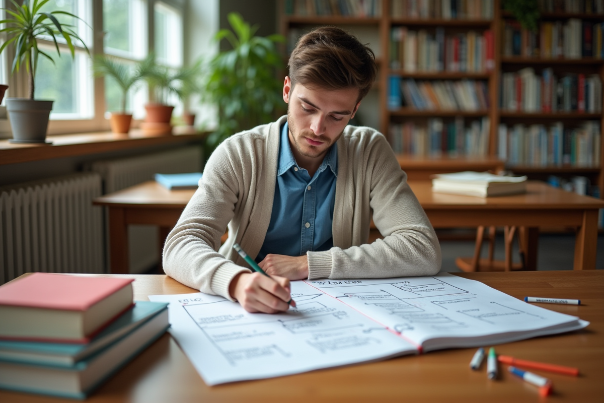 Jeune étudiant en soins infirmiers étudiant une carte mentale dans une bibliothèque