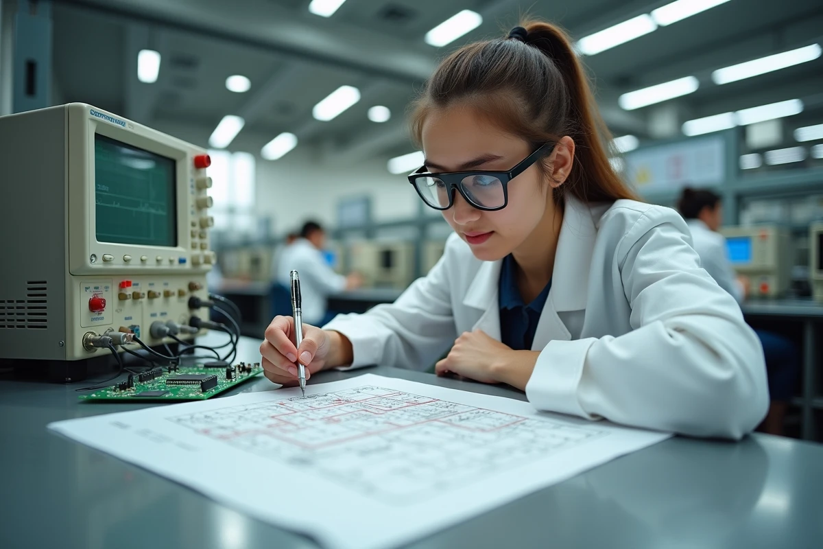 &Eacute;tudiante ing&eacute;nieure v&eacute;rifiant un sch&eacute;ma de circuit &eacute;lectronique dans un laboratoire universitaire