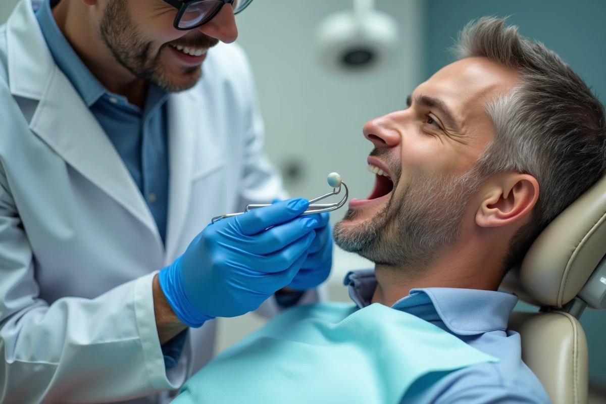 Dentiste examinant la langue d'un patient lors d'un contrôle bucco-dentaire pour détecter une lésion suspecte pouvant indiquer un cancer de la langue
