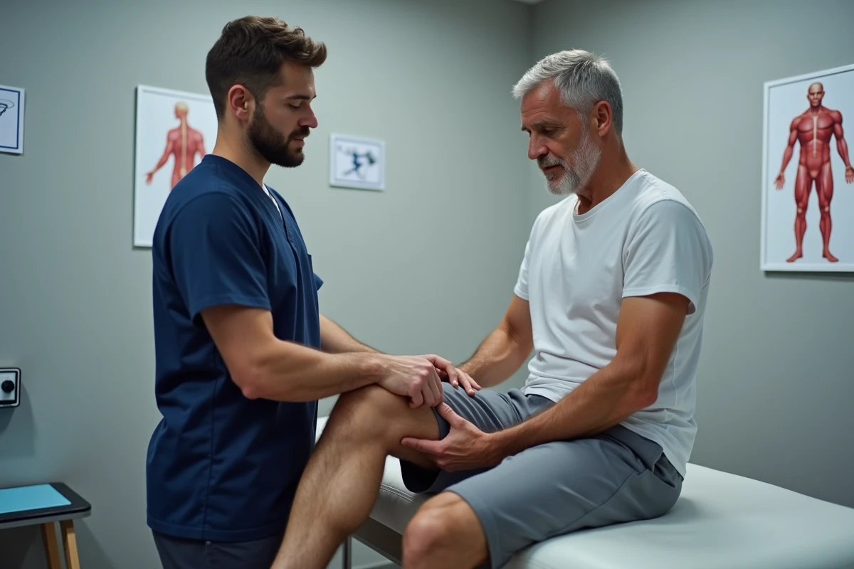 Physiothérapeute examinant le genou d'un patient dans une clinique médicale moderne, dans le cadre du diagnostic d'un kyste poplité ou synovial