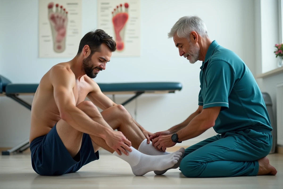 Physiothérapeute examinant le côté extérieur du pied gauche d'un patient coureur dans une clinique médicale