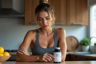 Femme sportive lisant étiquette de complément alimentaire