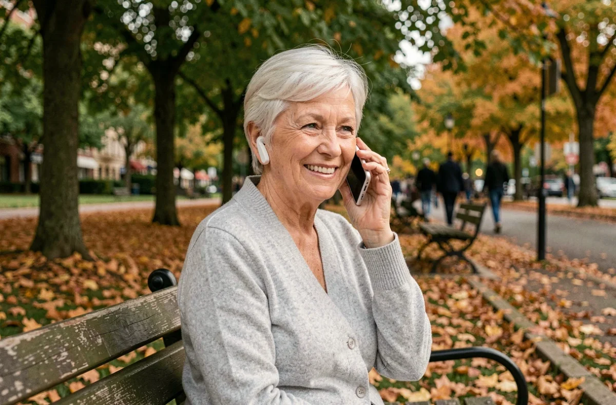 Femme âgée souriante avec un appareil auditif rechargeable Audika parlant au téléphone dans un parc
