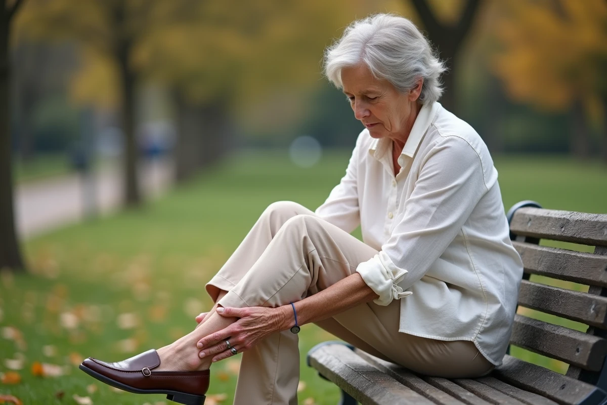 Femme âgée enfilant des chaussures orthopédiques adaptées au diabète sur un banc de parc, prévention quotidienne des douleurs du haut du pied