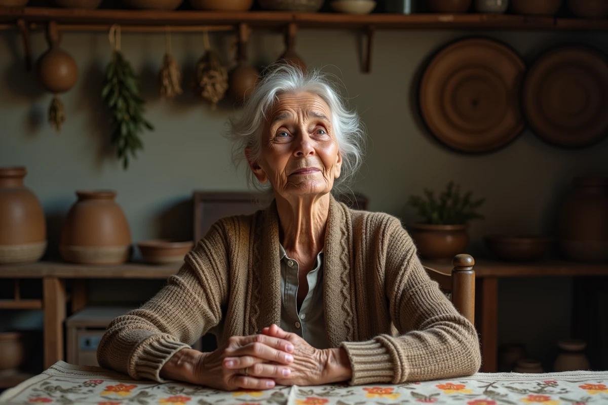 Femme âgée regardant sa main gauche avec une expression songeuse, évoquant les superstitions et croyances populaires liées aux démangeaisons