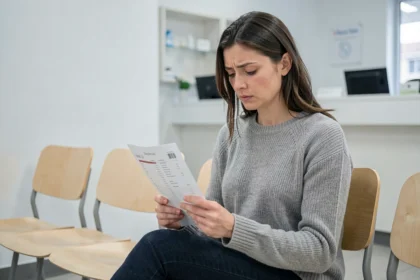 Femme tenant une analyse de sang montrant une ferritine basse dans une salle d'attente médicale
