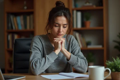 Femme anxieuse assise à un bureau, les mains sur la poitrine, ressentant des vibrations internes et une tension nerveuse