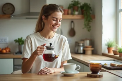 Femme souriante buvant du th&eacute; dans la cuisine lumineuse