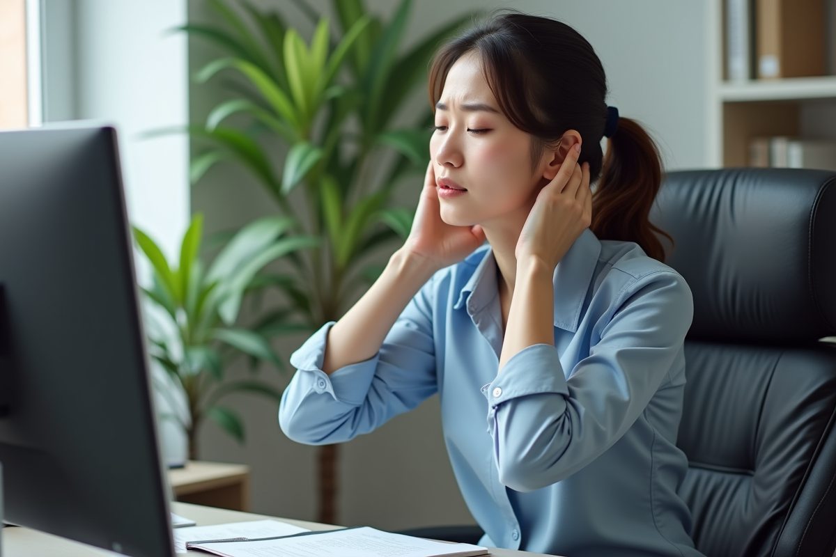 Femme de bureau se stretchant le cou dans un bureau moderne