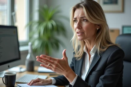 Femme en bureau regardant pensivement sa main