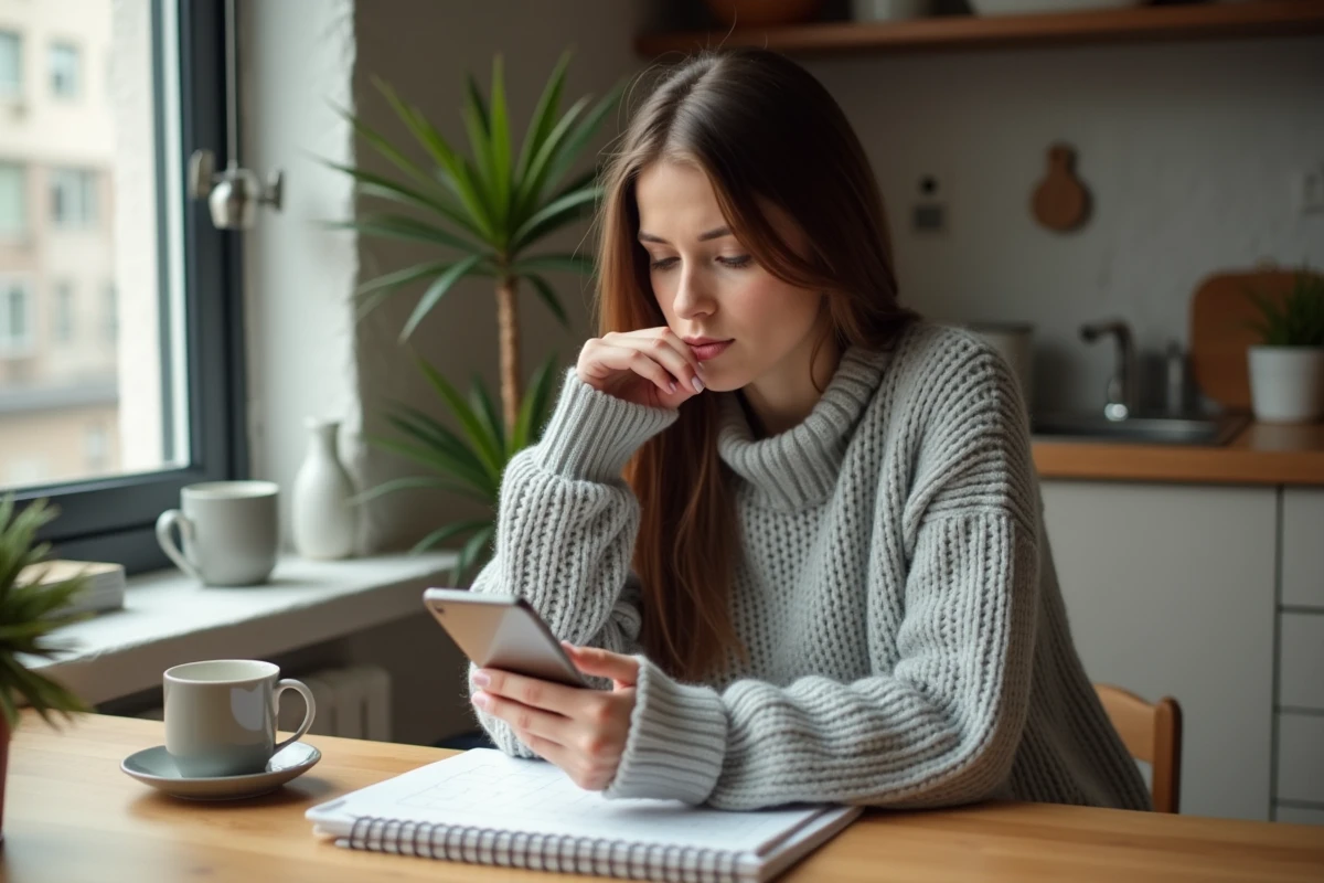 Femme calculant sa date de prochaine période sur un calendrier après un rapport sexuel à risque