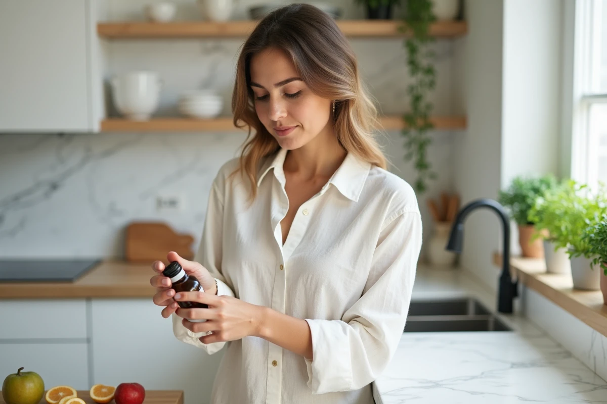 Femme examinant un complément minceur Nourix dans une cuisine moderne et saine