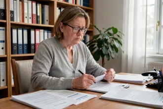 Femme d'âge mûr consultant des documents médicaux et juridiques liés à une demande d'invalidité pour algodystrophie