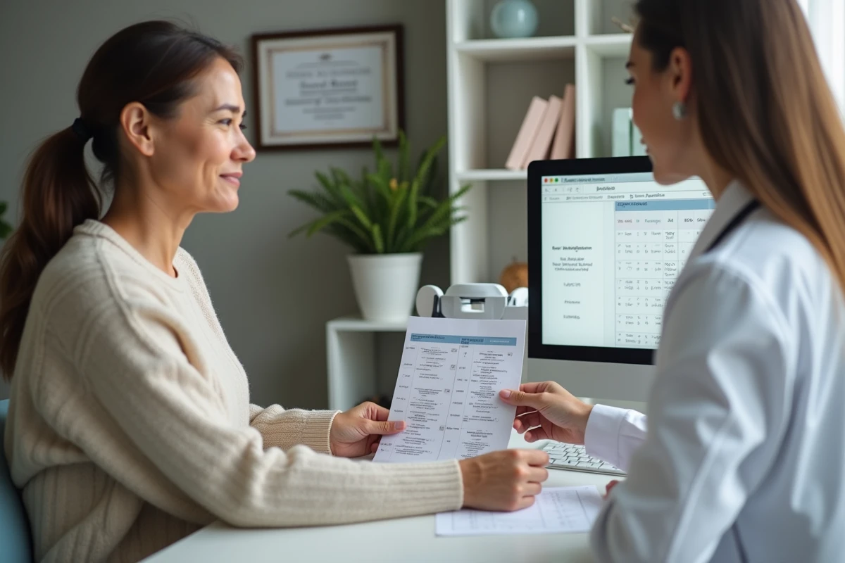 Femme consultant son médecin pour des résultats d'analyse sanguine avec gamma glutamyl transférase élevée