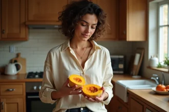 Femme tenant une courge butternut coupée en deux dans une cuisine en bois, examinant ses aliments avant un régime minceur
