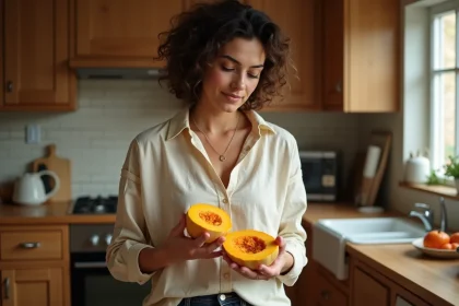 Femme tenant une courge butternut coupée en deux dans une cuisine en bois, examinant ses aliments avant un régime minceur
