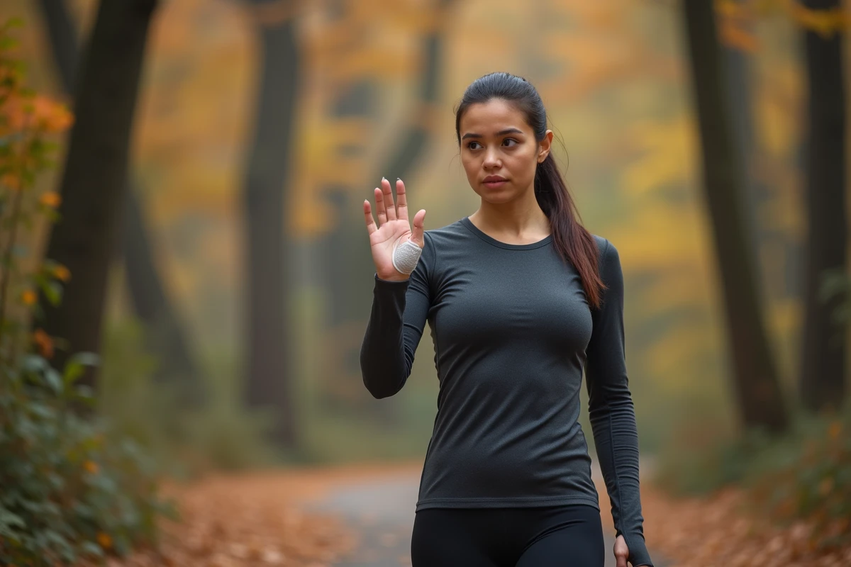 Jeune femme en pleine course dans la for&ecirc;t automnale