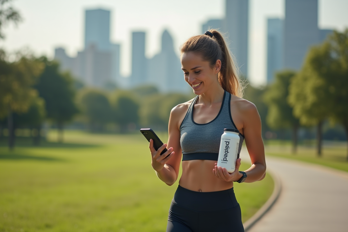 Femme en tenue de course vérifiant son téléphone dans un parc