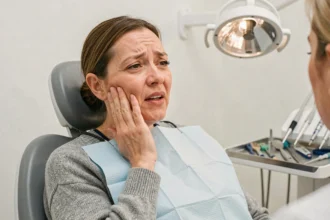 Femme chez le dentiste exprimant une sensation de brûlure dans la bouche et un mauvais goût persistant