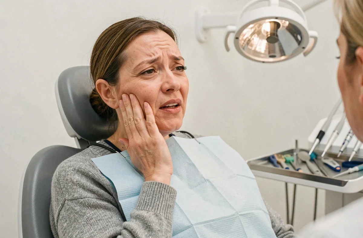Femme chez le dentiste exprimant une sensation de brûlure dans la bouche et un mauvais goût persistant