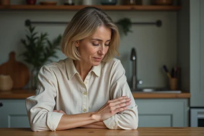 Femme d'âge moyen examine une irritation sur son bras