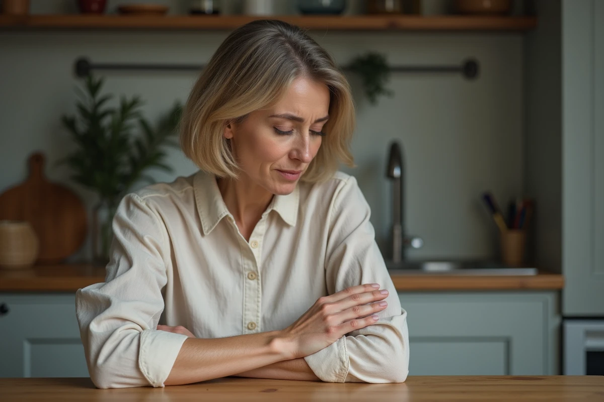 Femme d'âge moyen examine une irritation sur son bras