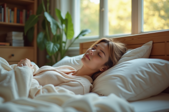 Femme en pyjama se reposant dans un lit douillet