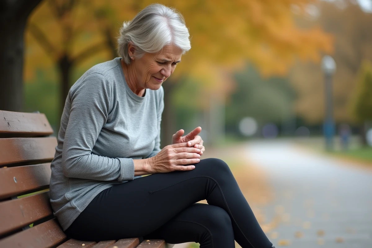 Femme d'âge moyen assise sur un banc de parc, tenant son genou droit avec une expression de douleur, illustrant les symptômes de kystes du genou