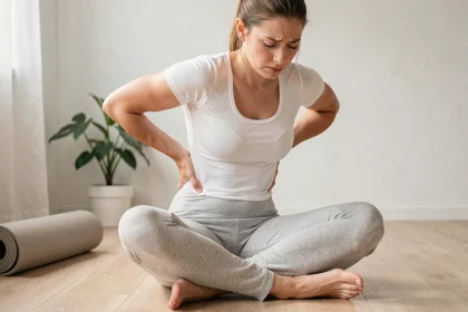 Jeune femme tenant son bas du dos assise sur le sol, illustrant la douleur du sacrum après grossesse