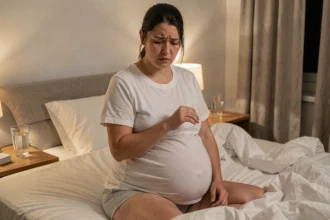 Femme enceinte assise dans son lit la nuit, se frottant le bras en raison de fourmillements, symptôme courant pendant la grossesse