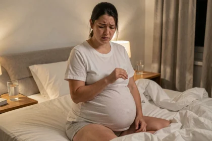 Femme enceinte assise dans son lit la nuit, se frottant le bras en raison de fourmillements, symptôme courant pendant la grossesse