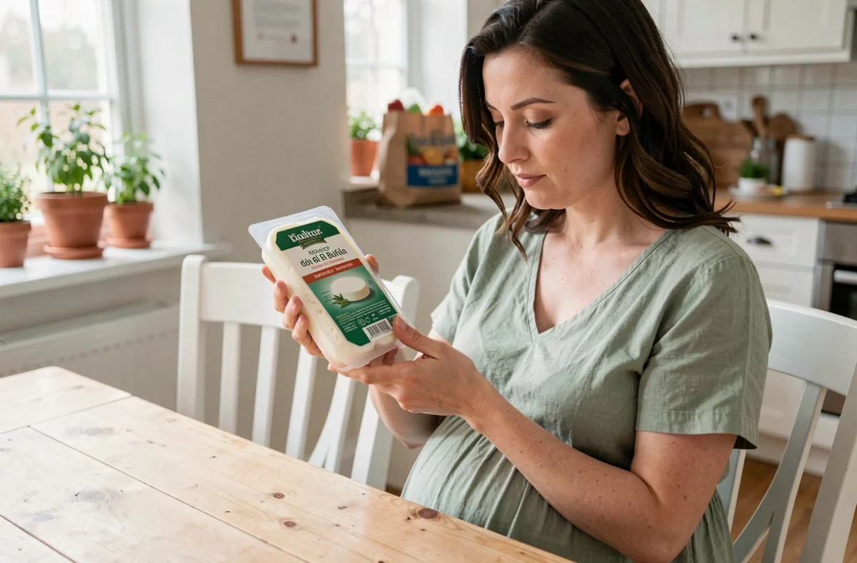 Femme enceinte lisant attentivement l'étiquette d'un emballage de mozzarella di bufala à une table de cuisine lumineuse