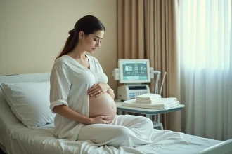 Femme enceinte assise sur un lit d'hôpital tenant son ventre lors du suivi du travail obstétrical