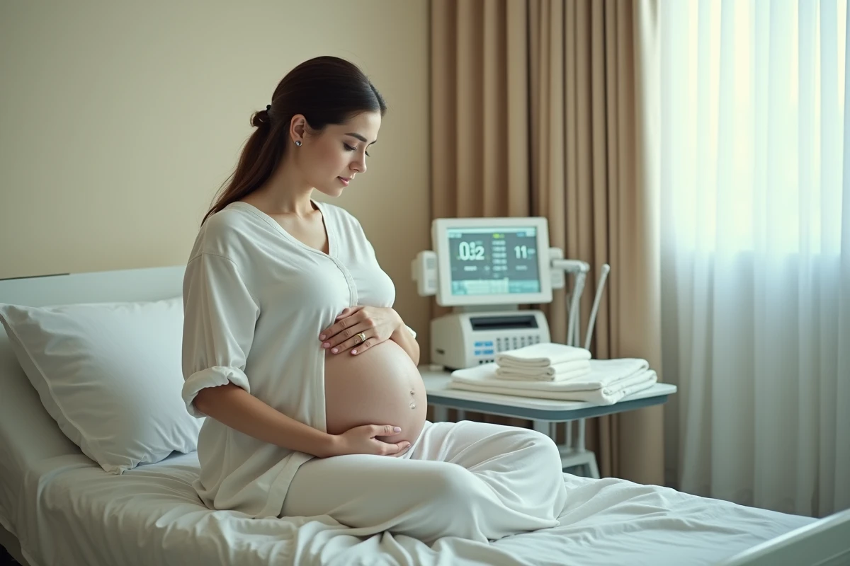 Femme enceinte assise sur un lit d'hôpital tenant son ventre lors du suivi du travail obstétrical