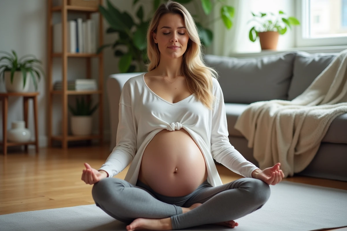Femme enceinte pratiquant la respiration de relaxation à domicile pour gérer les contractions irrégulières