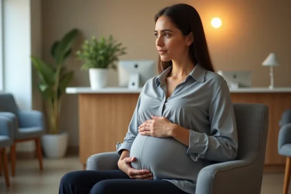 Femme enceinte inquiète assise dans une salle d'attente médicale, mains posées sur le ventre, illustrant les préoccupations liées à la scarlatine pendant la grossesse