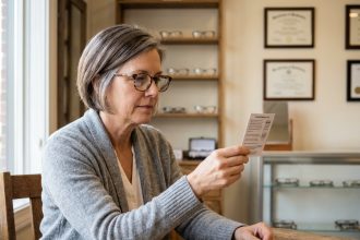 Femme d'une cinquantaine d'années essayant des lunettes de vue chez un opticien pour corriger sa presbytie