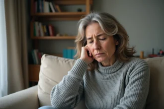 Femme fatiguée souffrant de symptômes prolongés de Covid long assise sur un canapé à la maison