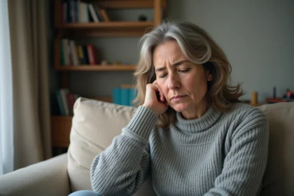 Femme fatiguée souffrant de symptômes prolongés de Covid long assise sur un canapé à la maison