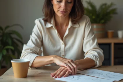 Femme se grattant la main gauche à son bureau, illustrant les causes dermatologiques et les croyances populaires liées aux démangeaisons