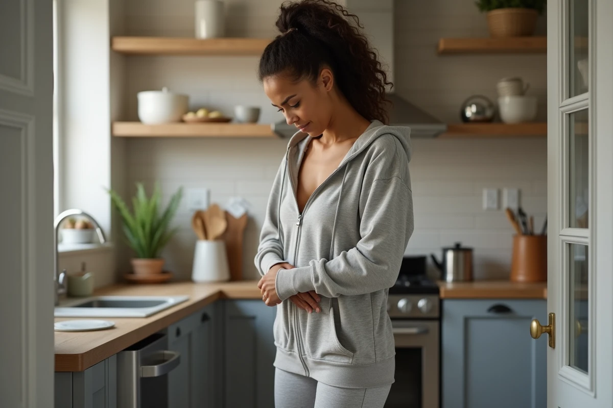 Jeune femme dans une cuisine moderne en hésitation