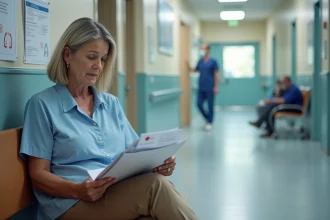 Femme dans un hôpital consulte des documents avec espoir