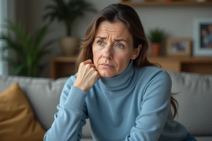 Femme inquiète touchant son cou dans un intérieur chaleureux