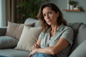 Femme inquiète touchant son sous-bras dans un salon