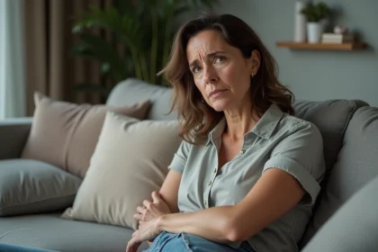 Femme inqui&egrave;te touchant son sous-bras dans un salon