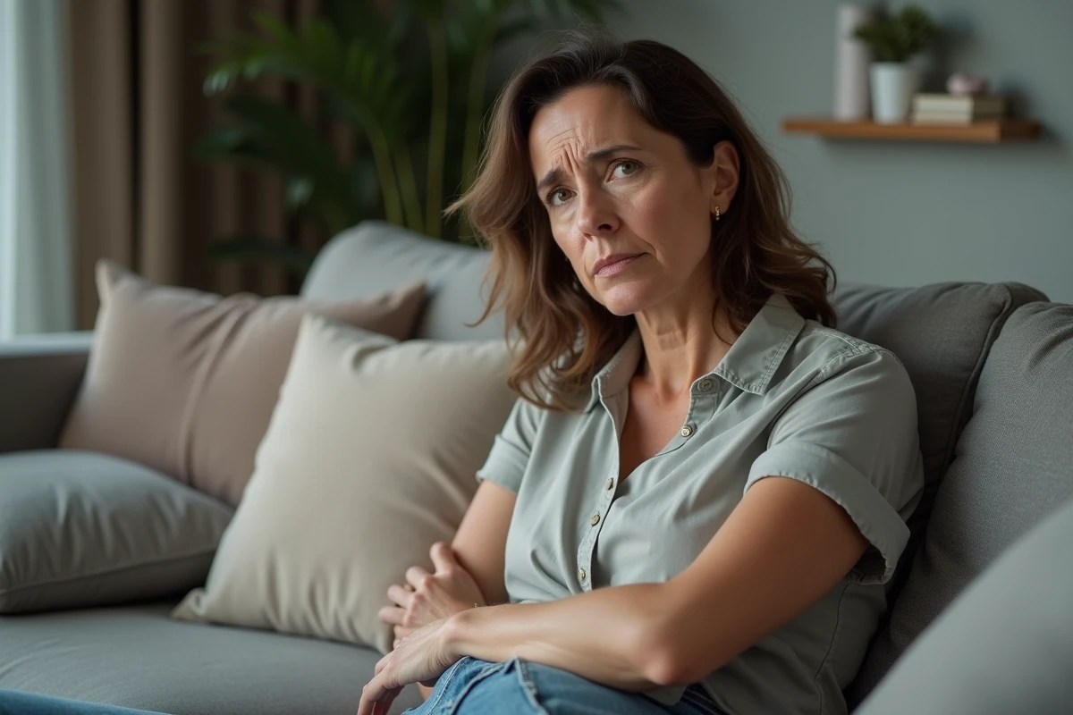 Femme inquiète touchant son sous-bras dans un salon