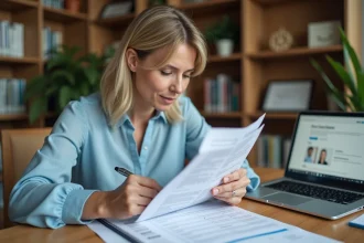 Femme lisant des avis sur une mutuelle assurance à son bureau à domicile